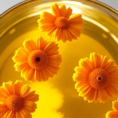 Flores de caléndula flotando en un recipiente con aceite dorado.
