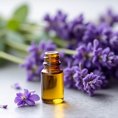 Un pequeño frasco de aceite esencial de lavanda junto a un ramo de lavanda fresca.
