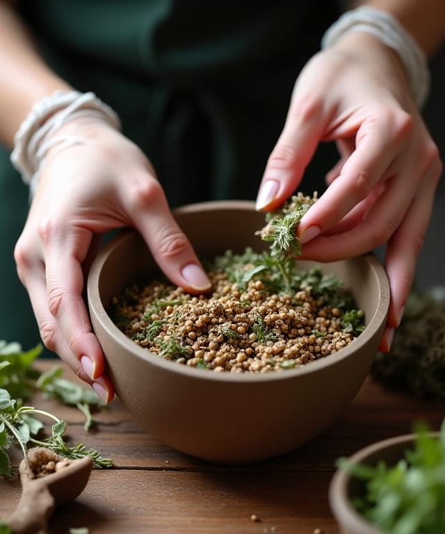 Manos de un artesano mezclando ingredientes botánicos en un cuenco de cerámica.