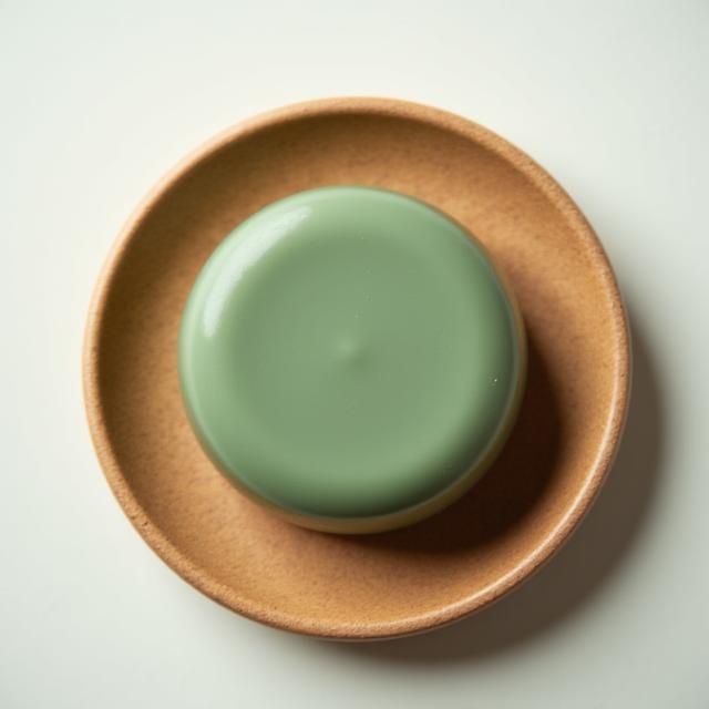 Pastilla redonda de champú sólido de color verde sobre una jabonera de madera.
