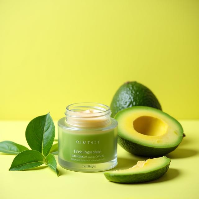 Pequeño tarro de contorno de ojos junto a una rodaja de aguacate y hojas de té verde.