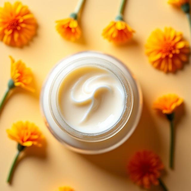 Tarro de crema de manos abierto mostrando su textura rica, con flores de caléndula alrededor.