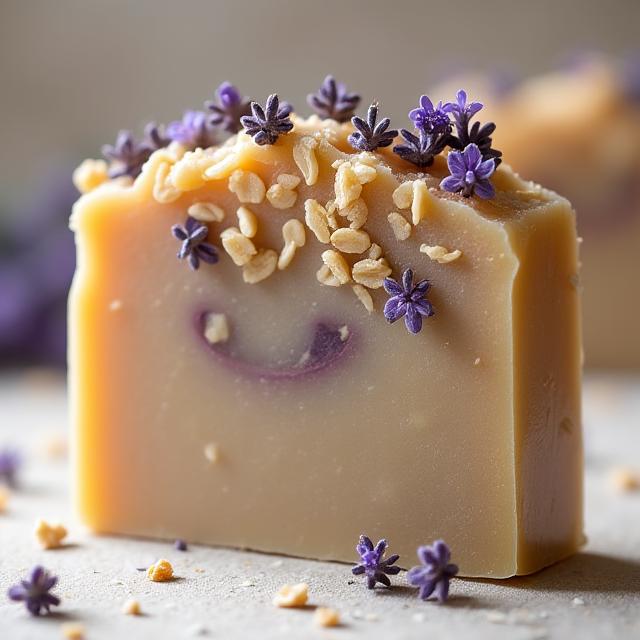 Barra de jabón artesanal con incrustaciones de flores de lavanda y avena.