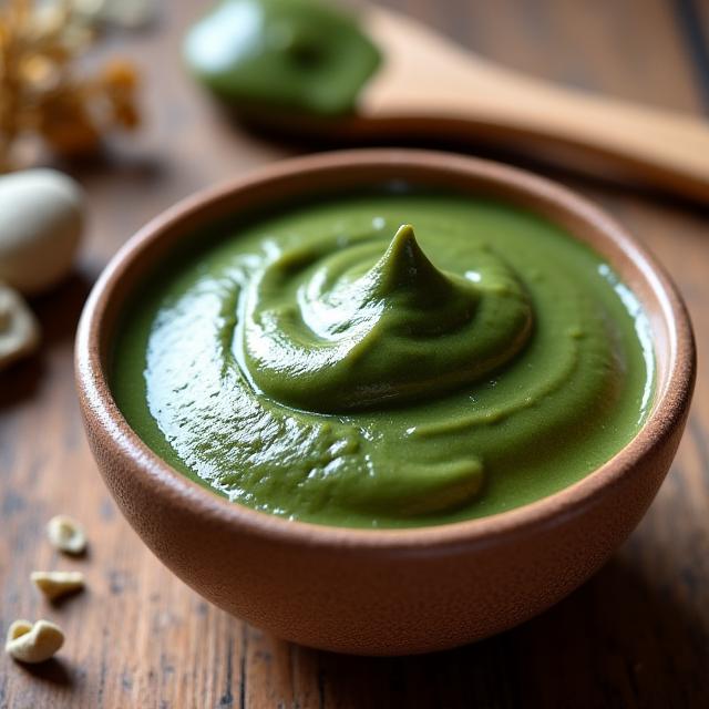 Cuenco de cerámica con mascarilla de arcilla verde lista para aplicar.