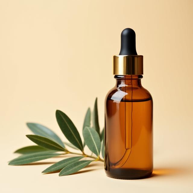 Botella de vidrio ámbar con gotero del sérum facial revitalizante junto a una rama de olivo.