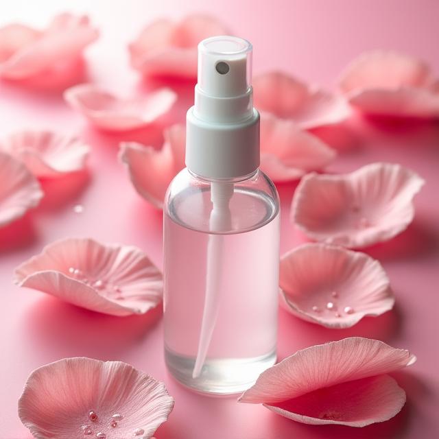 Botella con pulverizador de tónico facial de agua de rosas rodeada de pétalos de rosa frescos.